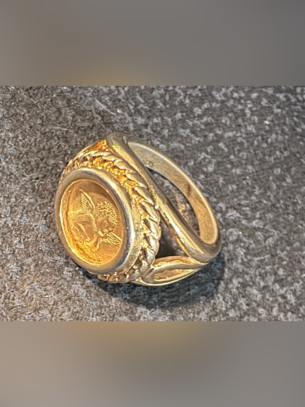 Gold-Tone Signet Ring with Winged Coin Motif size 5